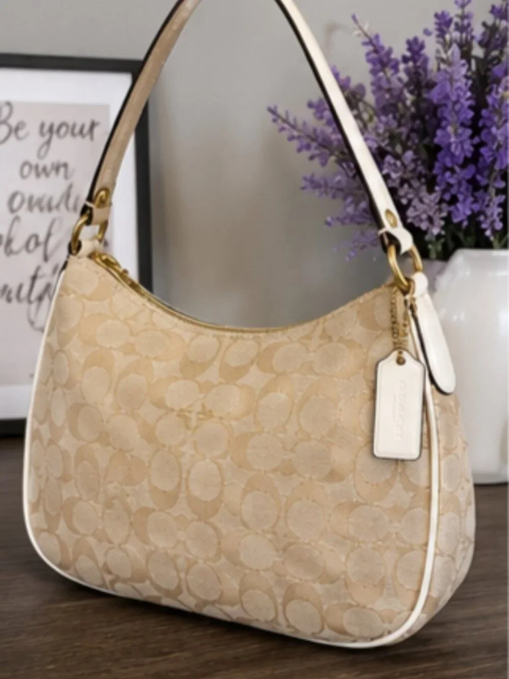 Coach F29959 Signature Jacquard Hobo Shoulder Bag Ivory Tan EUC